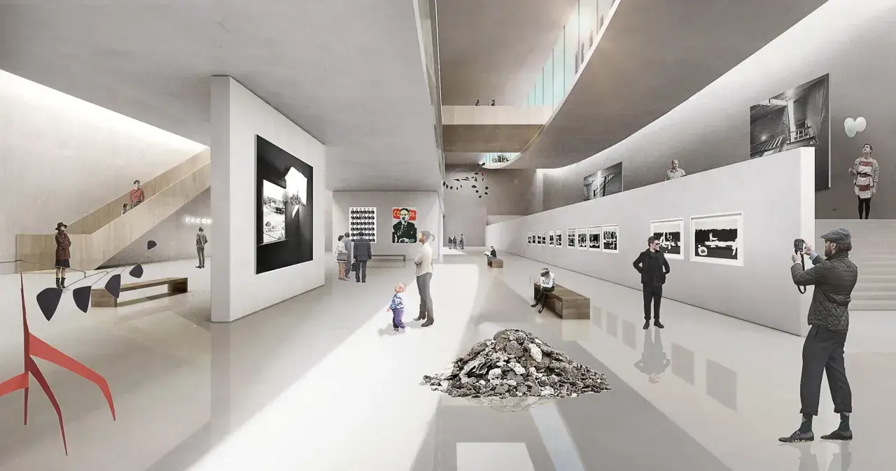 Modern museum interior with diverse art installations and visitors. A child explores, a photographer captures the scene, and people admire paintings and sculptures.