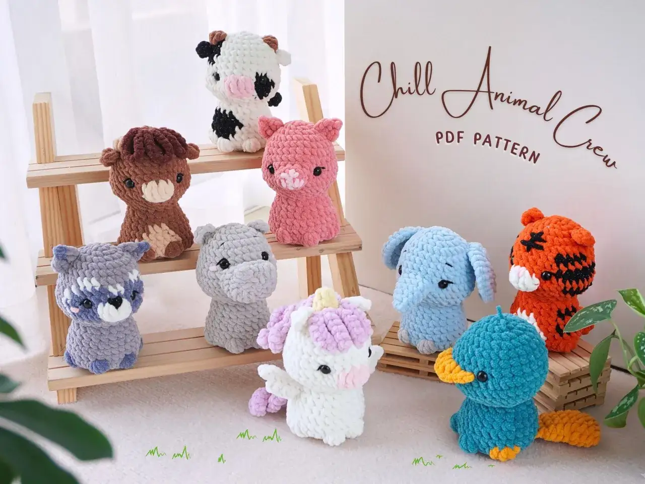 Colecci&oacute;n de amigurumis originales: vaca, caballo, cerdo, mapache, hipop&oacute;tamo, unicornio, elefante, tigre y pato.