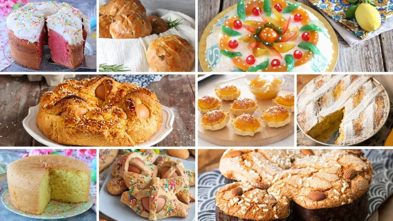Collage di i migliori dolci di Pasqua: colomba, pastiera, casatiello, dolcetti decorati e torte.