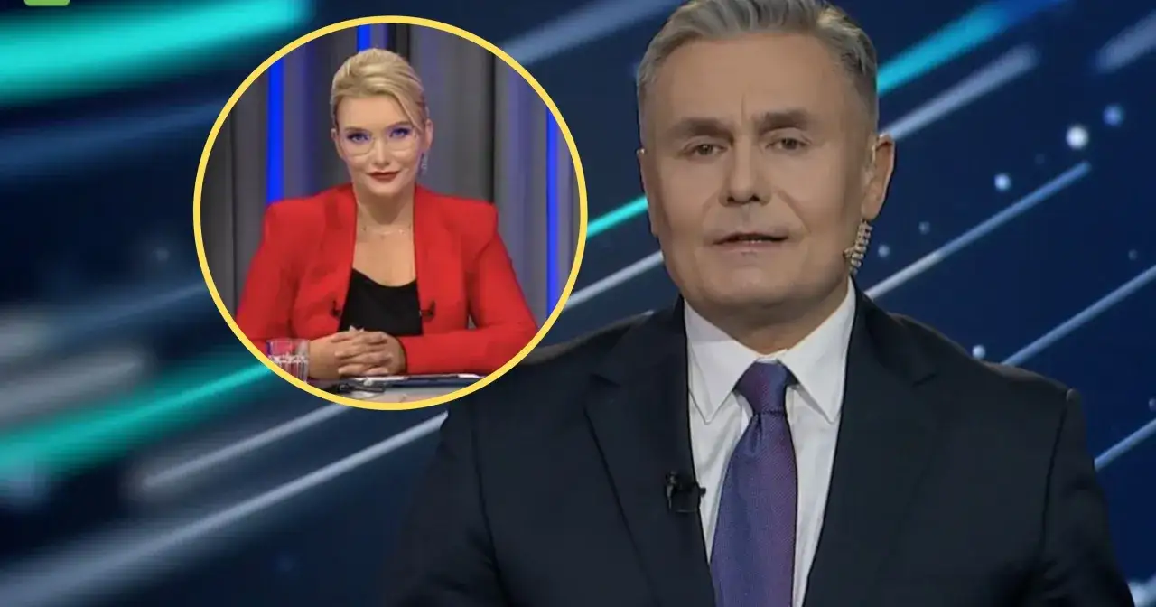 Marek Czyż z żoną w programie na żywo. Kobieta w czerwonej marynarce i okularach, mężczyzna w garniturze.