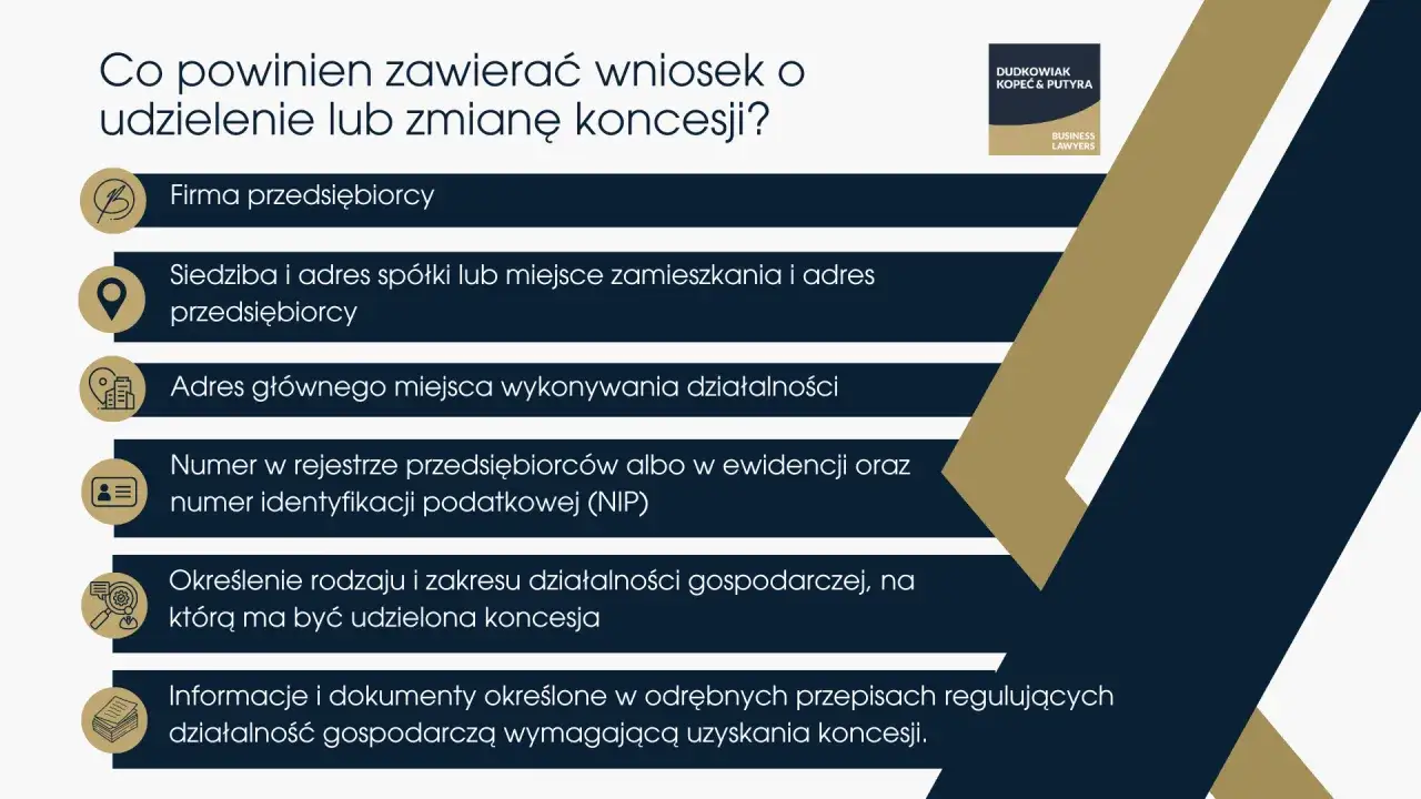 Wniosek o koncesję wymaga danych firmy, adresów, NIP, określenia działalności i dokumentów zgodnych z **reglamentacją**.