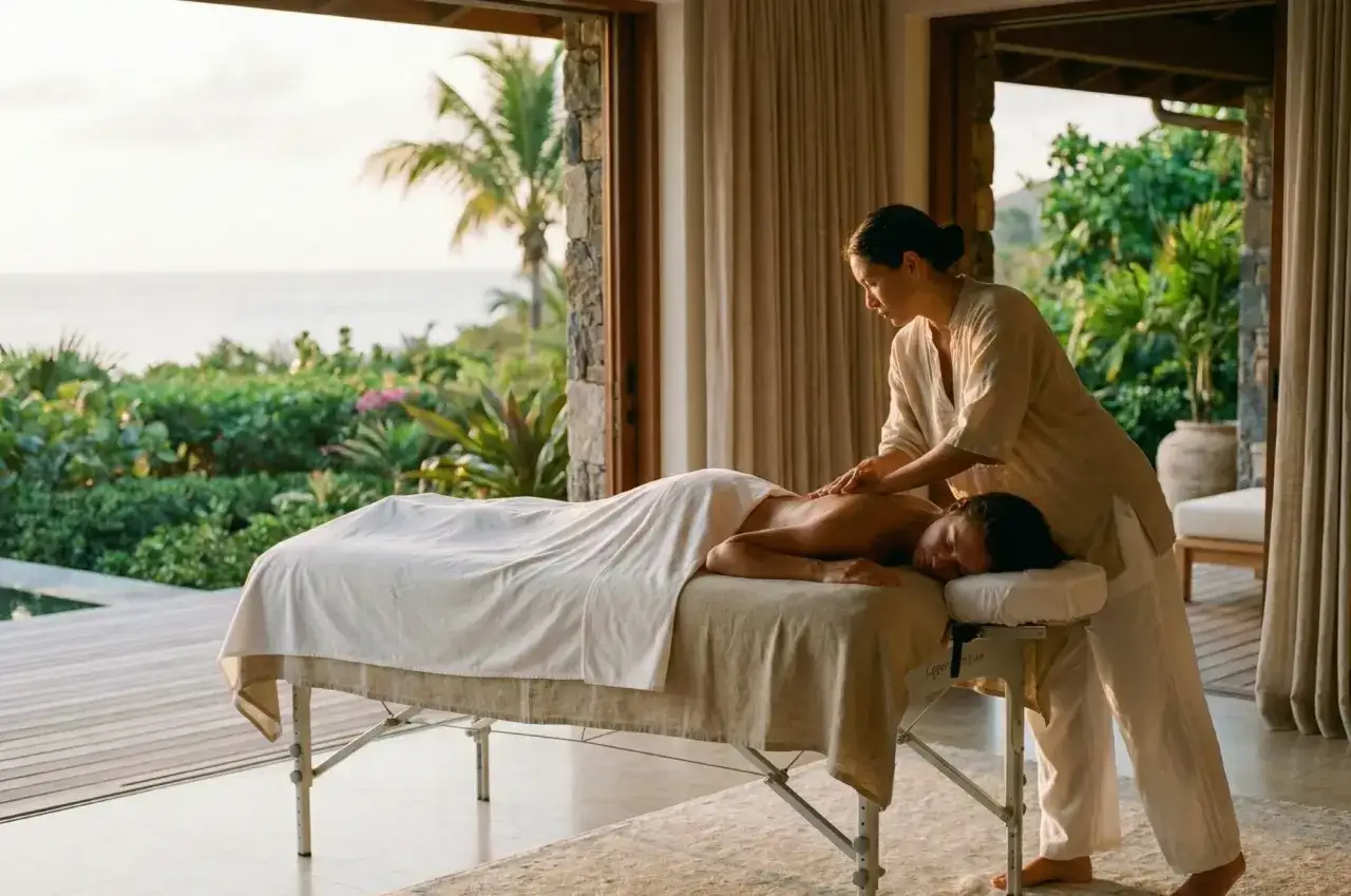 Une thérapeute pratique un massage lomi lomi, une technique hawaïenne, sur une personne allongée sur une table de massage. La scène se déroule dans une pièce lumineuse avec vue sur un paysage tropical luxuriant et l'océan.