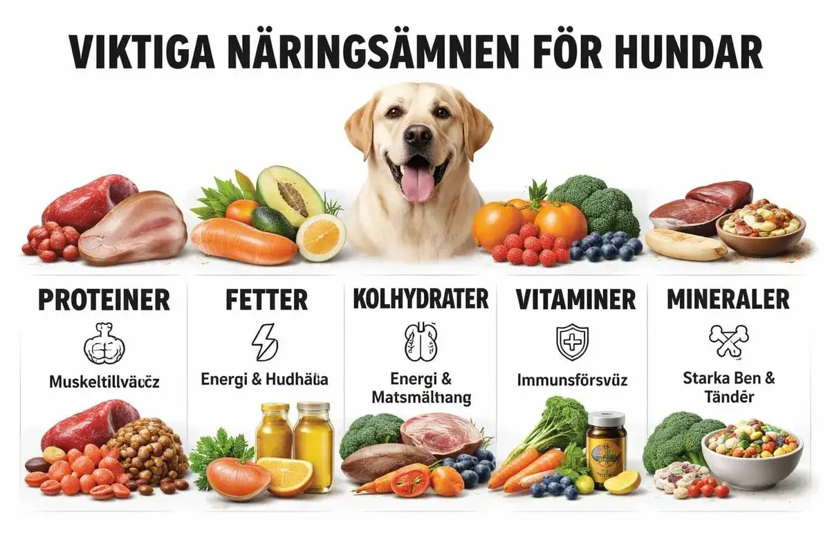 En glad labrador omgiven av mat som visar vikten av protein hund för muskler, fetter för energi, kolhydrater för matsmältning, vitaminer för immunförsvar och mineraler för starka ben.