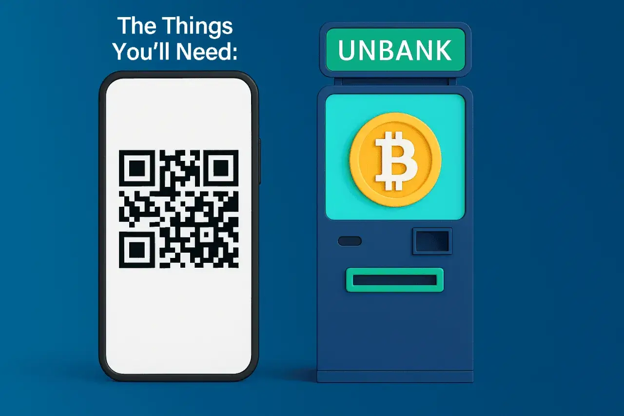 Smartfon z kodem QR i bankomat Bitcoin, ilustrujące, jak działa bitomat.