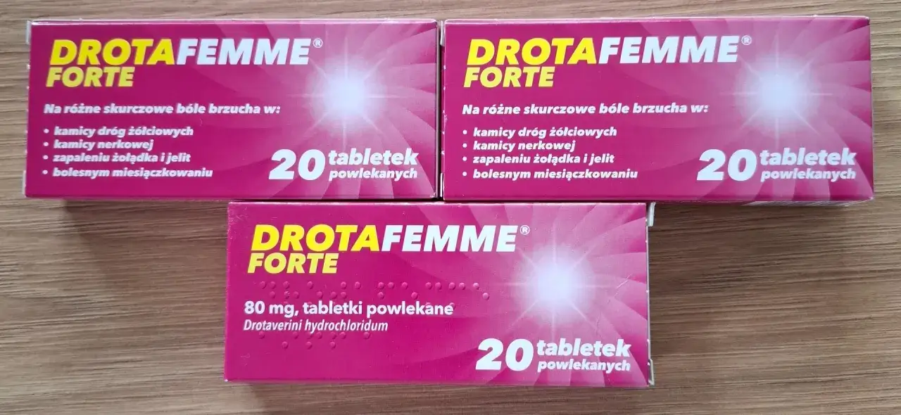 Drotafemme Forte na co pomaga? Na skurczowe bóle brzucha, kamicę dróg żółciowych, nerkową, zapalenie żołądka i jelit, bolesne miesiączkowanie. Opakowania po 20 tabletek.