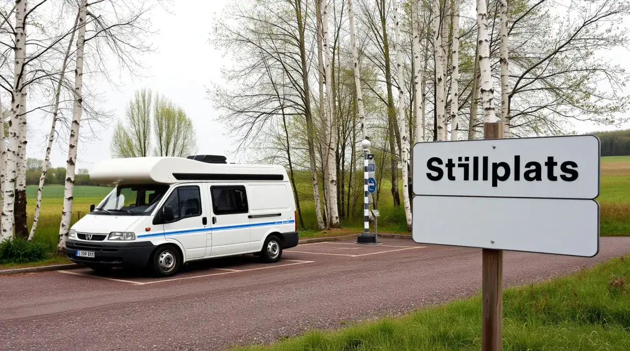 Vit husbil parkerad vid en 