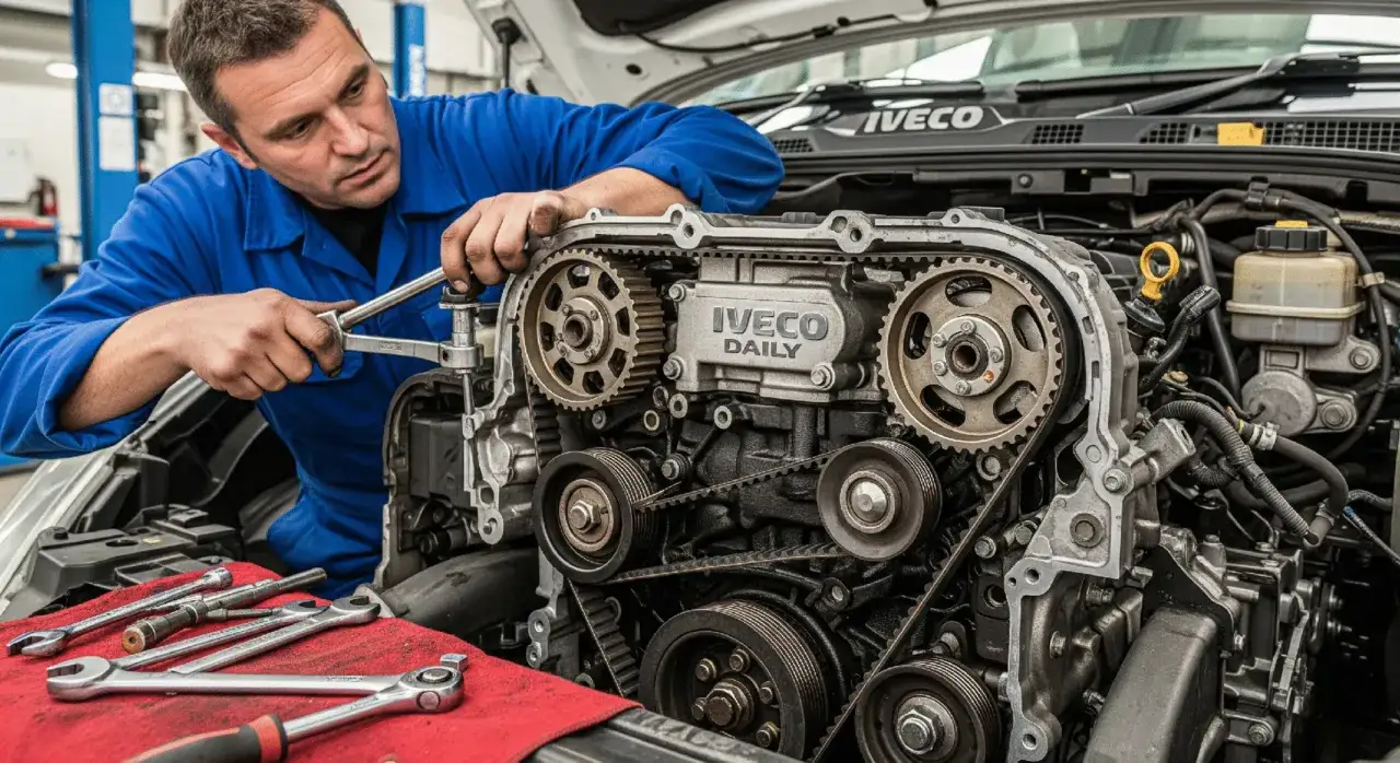 Mechanik w niebieskim kombinezonie pracuje nad silnikiem Iveco Daily, dokonując wymiany rozrządu. Narzędzia leżą na czerwonej szmacie.