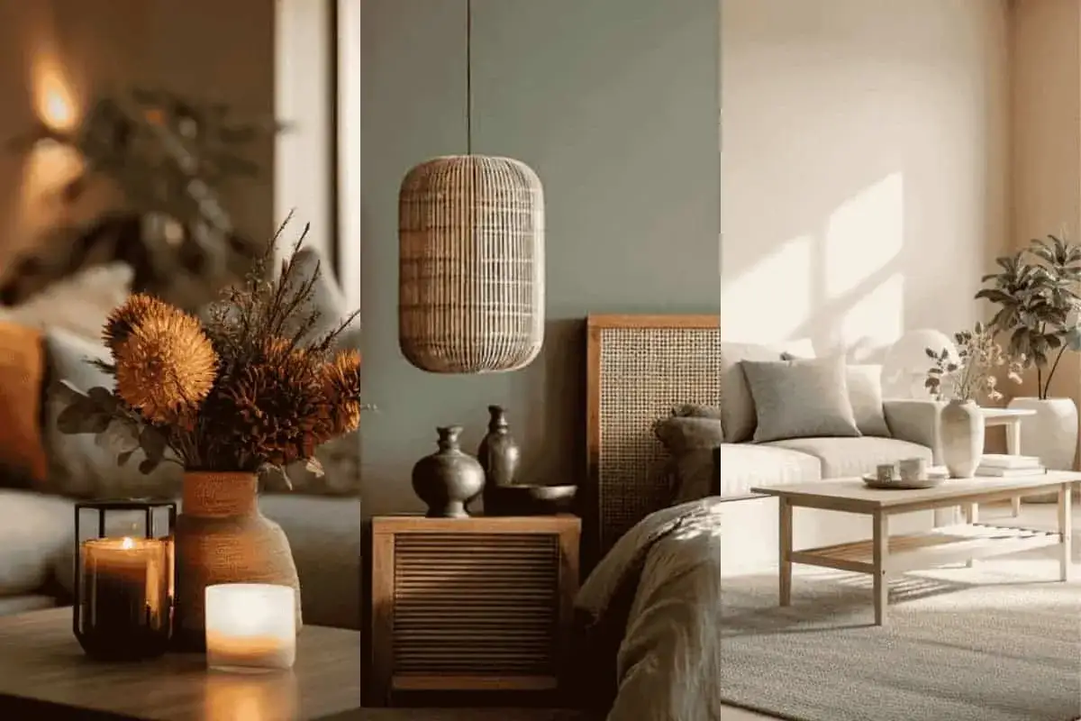 Ambiance chaleureuse d'une peinture pièce de vie, avec des bougies, des fleurs séchées et un fauteuil confortable.