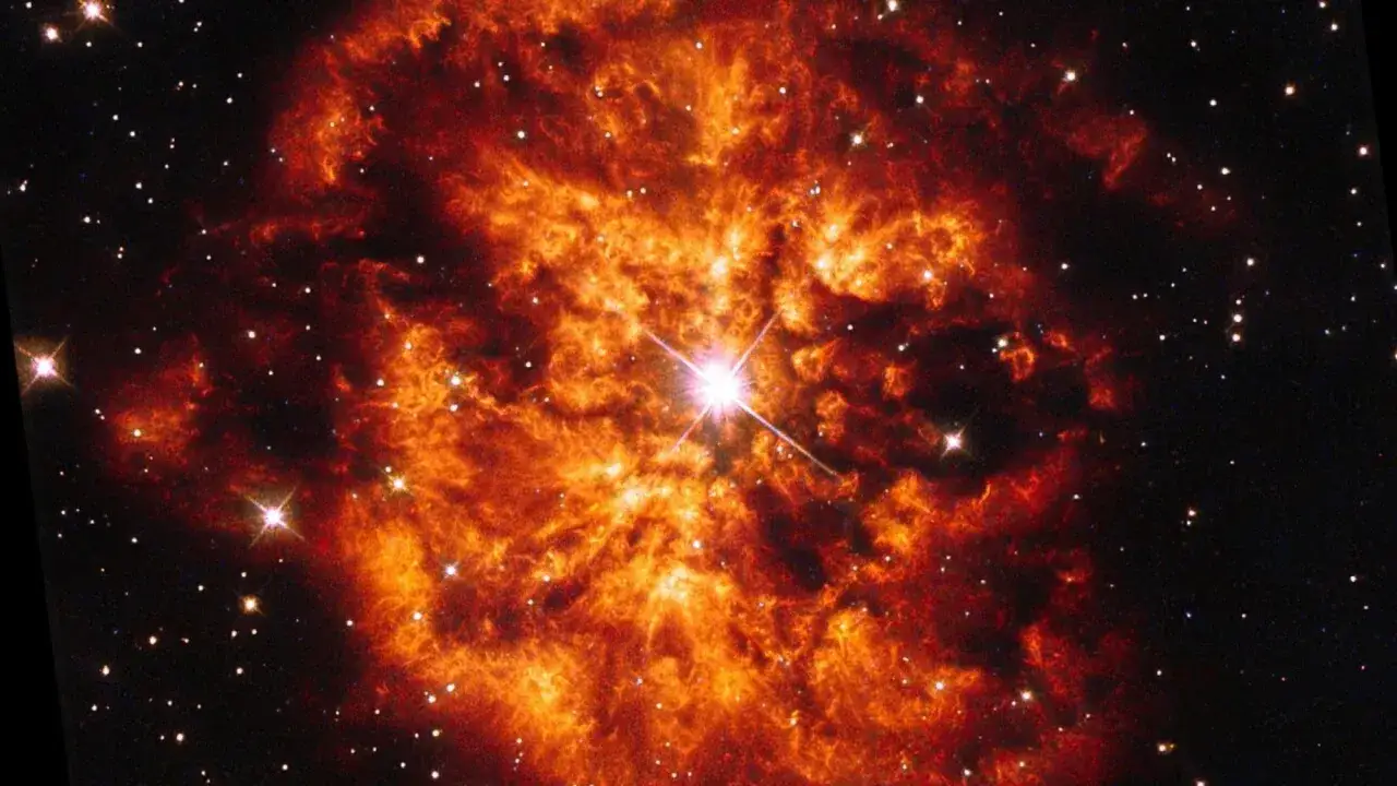 Ein heller Stern strahlt im Zentrum einer leuchtend orangen Gaswolke. So sieht ein Stern aus, wenn er sich in einem kosmischen Nebel befindet.