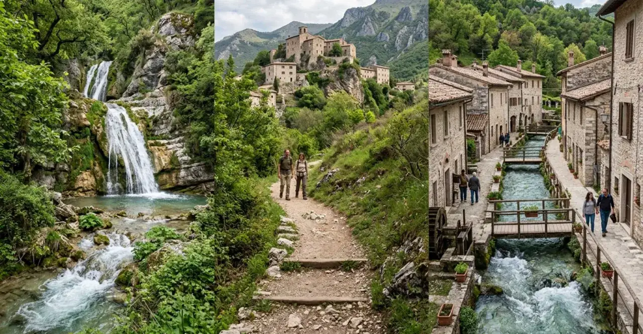 Cascate del Menotre: un sentiero panoramico conduce a cascate spettacolari e a un borgo medievale con un fiume che scorre tra le case.
