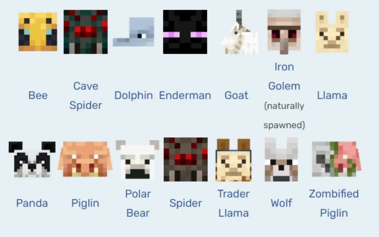 Kolekcja ikonek minecraft mob&oacute;w: pszczoła, pająk jaskiniowy, delfin, enderman, koza, żelazny golem, lama, panda, piglin, niedźwiedź polarny, pająk, lama handlarza, wilk, zombie piglin.