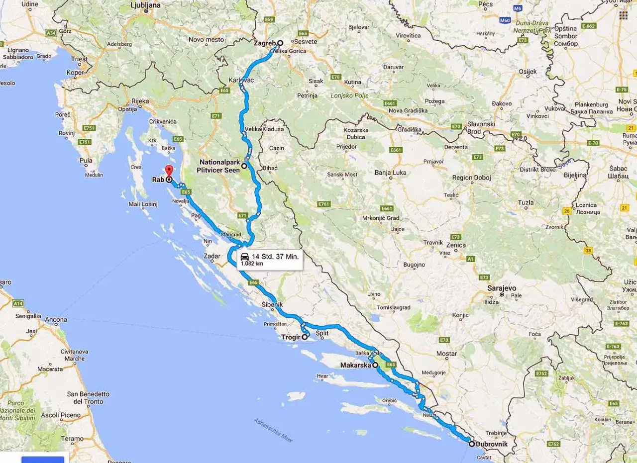 Die Karte zeigt eine Route f&uuml;r eine 10-t&auml;gige Kroatien Rundreise von Zagreb &uuml;ber Plitvicer Seen, Split bis Dubrovnik.