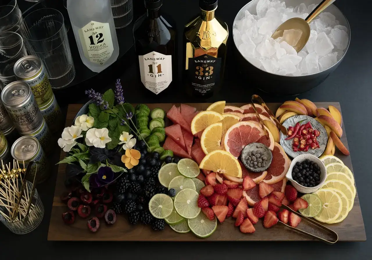 Alles f&uuml;r das perfekte Gin Tonic Rezept: Gin, Wodka, Fr&uuml;chte, Kr&auml;uter, Eis und Tonic Water.