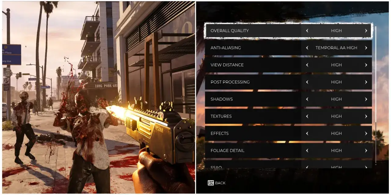 Un joueur ajuste les paramètres graphiques de Dead Island 2, réglant la qualité globale sur 