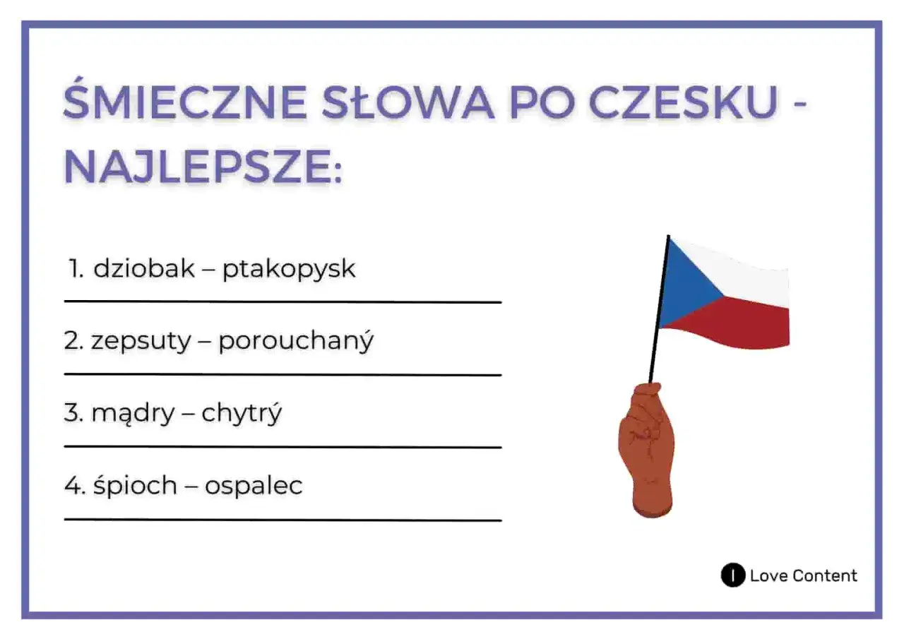 Śmieszne słowa po czesku: dziobak, zepsuty, mądry, śpioch. Flaga Czech.