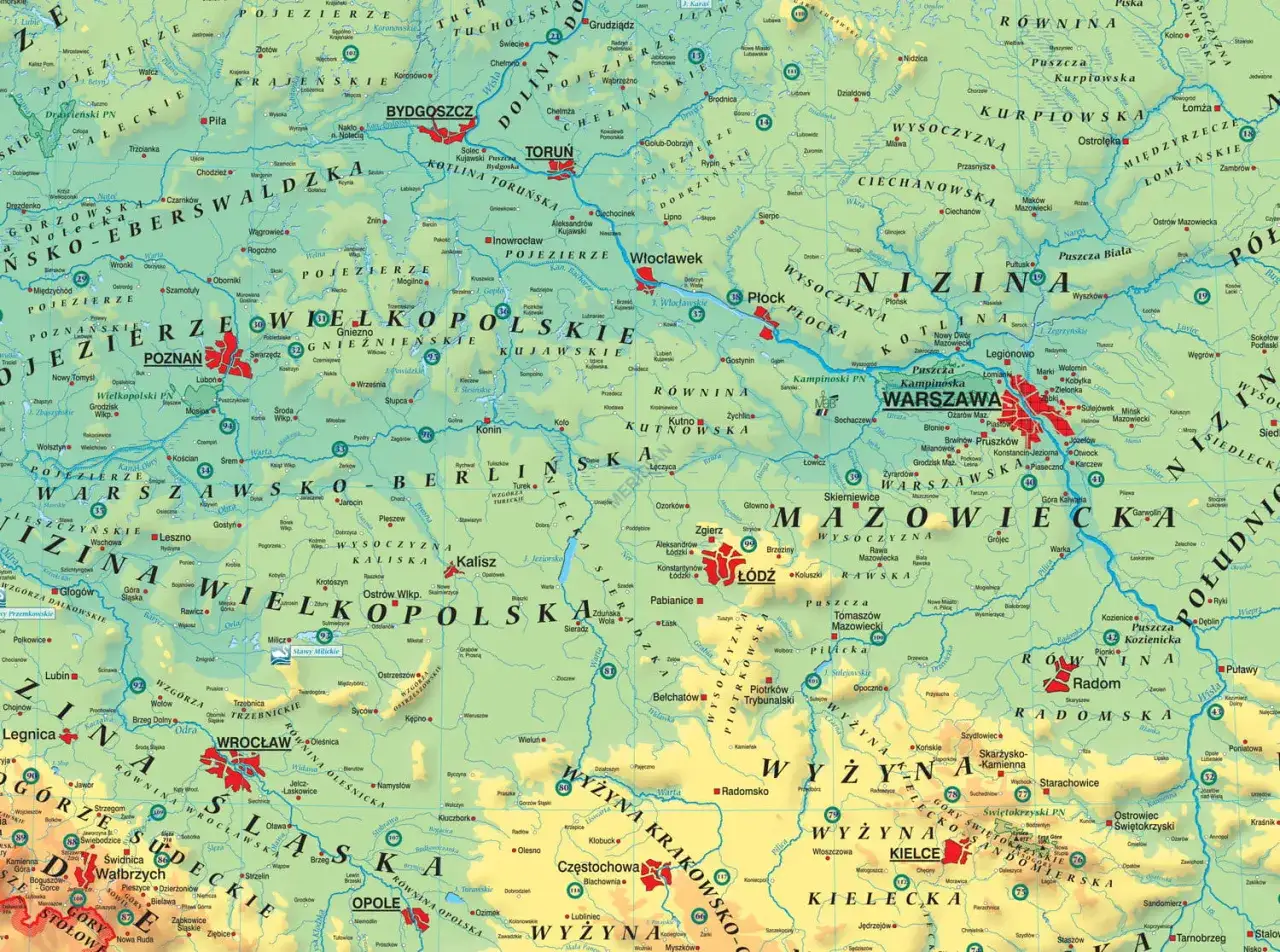 Mapa fizyczna Polski z górami i pasmami