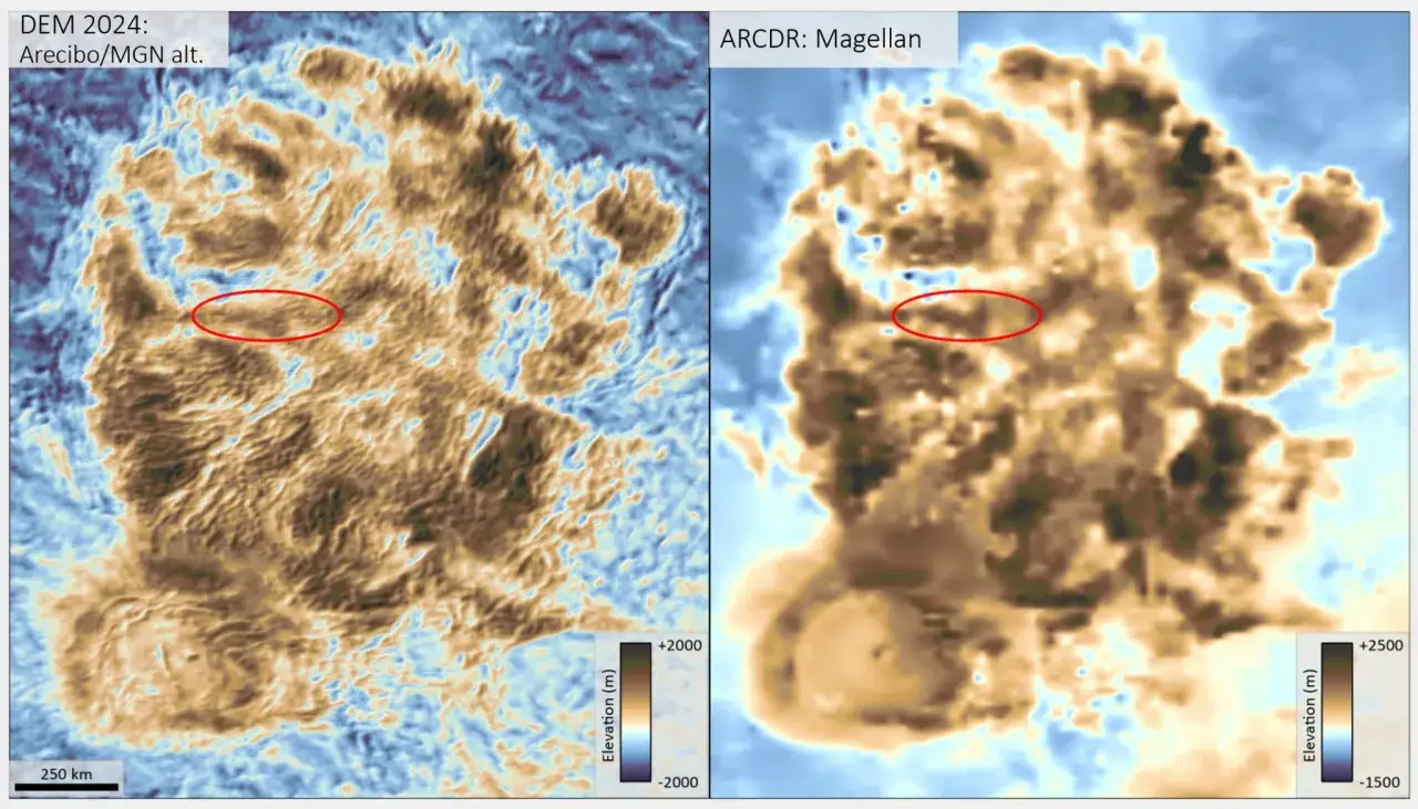Porównanie dwóch map topograficznych Wenus. Czerwone elipsy zaznaczają podobny obszar na obu zdjęciach z Wenus, ukazując różnice w rozdzielczości danych.