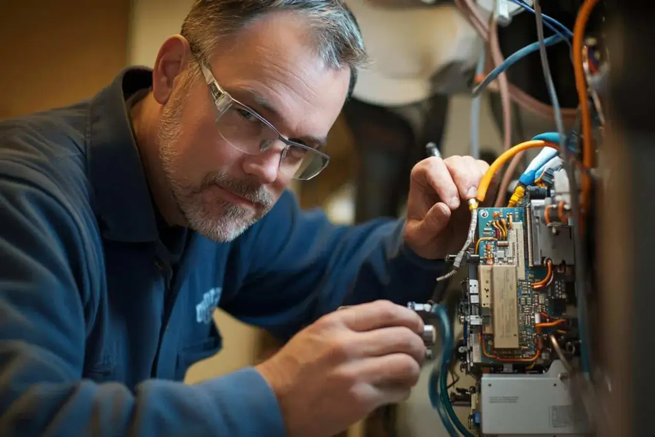 Un technicien répare la carte mère d'un poêle à granulés, résolvant un problème complexe.