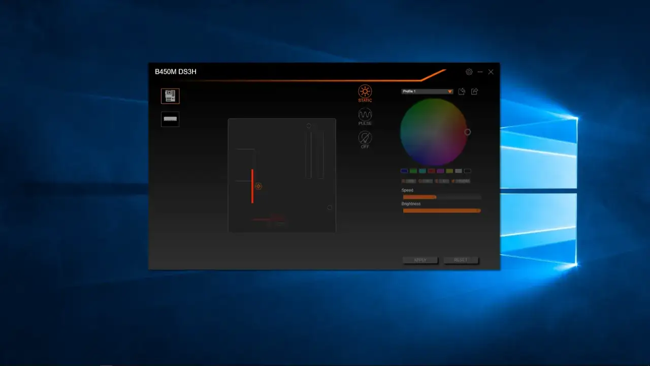 Program RGB Fusion 2.0 pozwala na dostosowanie podświetlenia płyty głównej B450M DS3H.