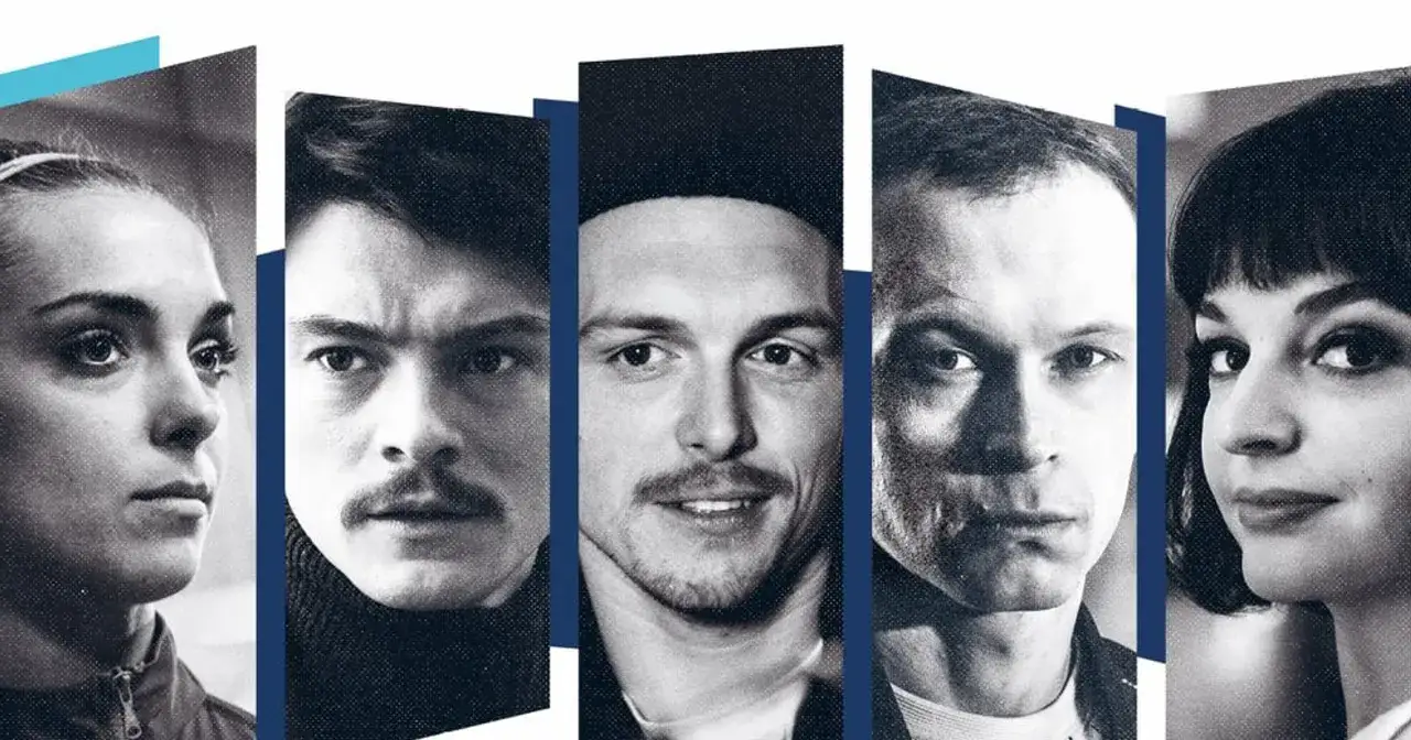 Portret młodych polskich aktorów: kobiety z opaską na włosach, mężczyzna z wąsem, dwóch mężczyzn z zarostem i kobieta z grzywką.