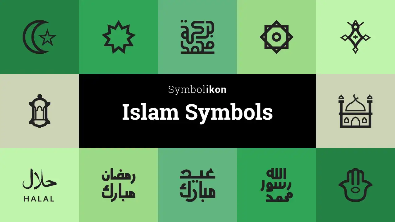 Symboler relaterade till islam, som halvm&aring;ne, stj&auml;rna, mosk&eacute; och arabisk kalligrafi. H&auml;r finns fakta om islam.