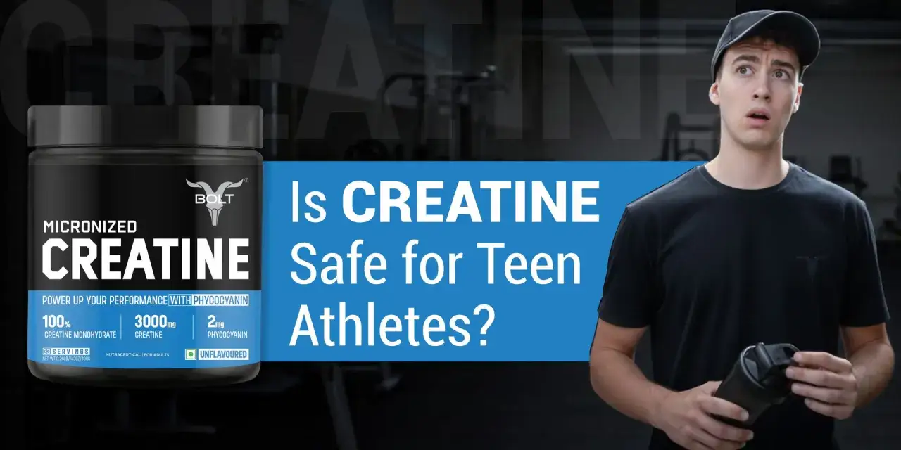 Joven atleta con expresión de duda, junto a un bote de creatina. ¿Es segura la creatina en adolescentes?