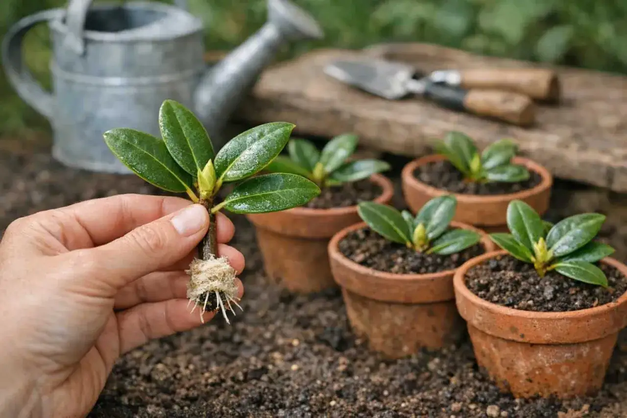 Une main tient une bouture de rhododendron avec des racines bien développées. Plusieurs autres boutures sont déjà plantées dans de petits pots en terre cuite.