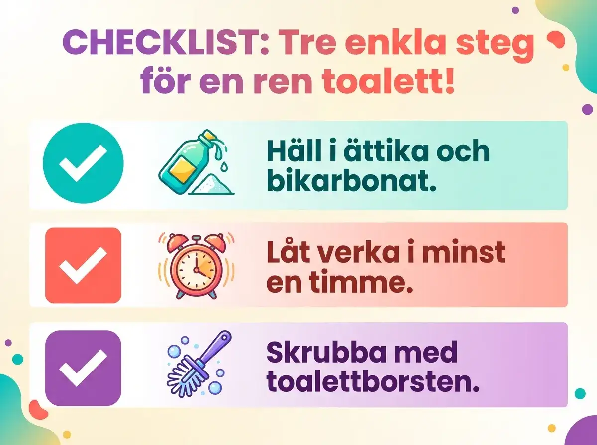 Checklista f&ouml;r en ren toalett: H&auml;ll i &auml;ttika & bikarbonat, l&aring;t verka, skrubba. Ett husmorsknep mot stopp i toaletten!