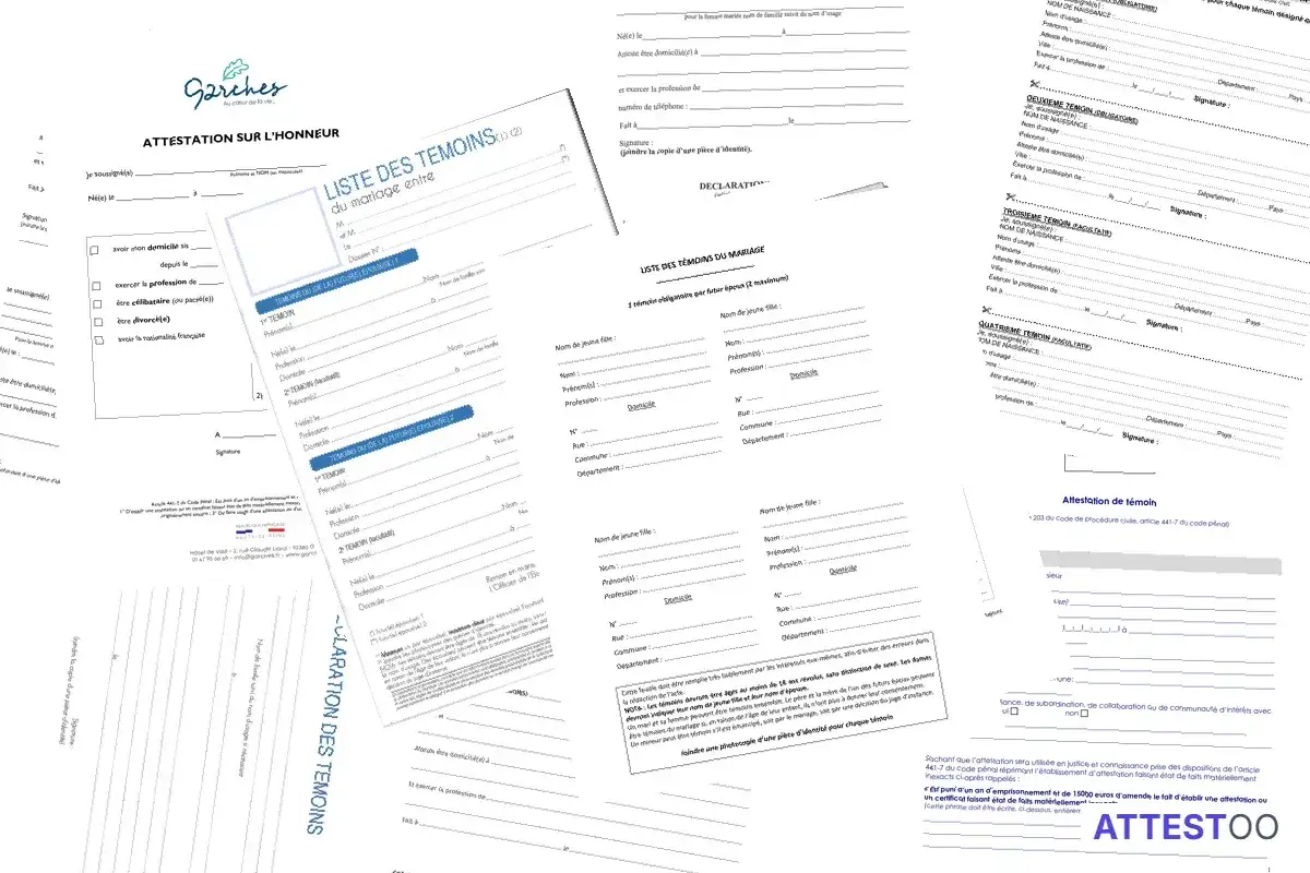 Documents pour la formalit&eacute; mariage : attestations sur l'honneur, listes de t&eacute;moins et d&eacute;clarations.