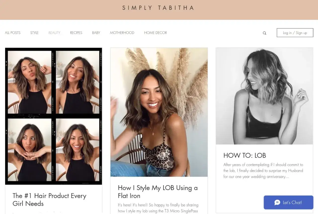 Pagina principale di un blog di moda e lifestyle, con foto di una donna e articoli su capelli e stile. Tra i blog pi&ugrave; famosi.