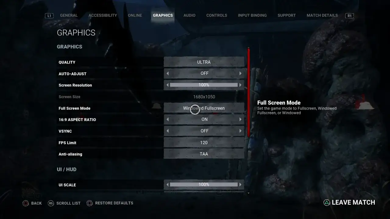 Paramètres graphiques de Dead by Daylight : qualité Ultra, résolution 1680x1050, mode plein écran fenêtré.
