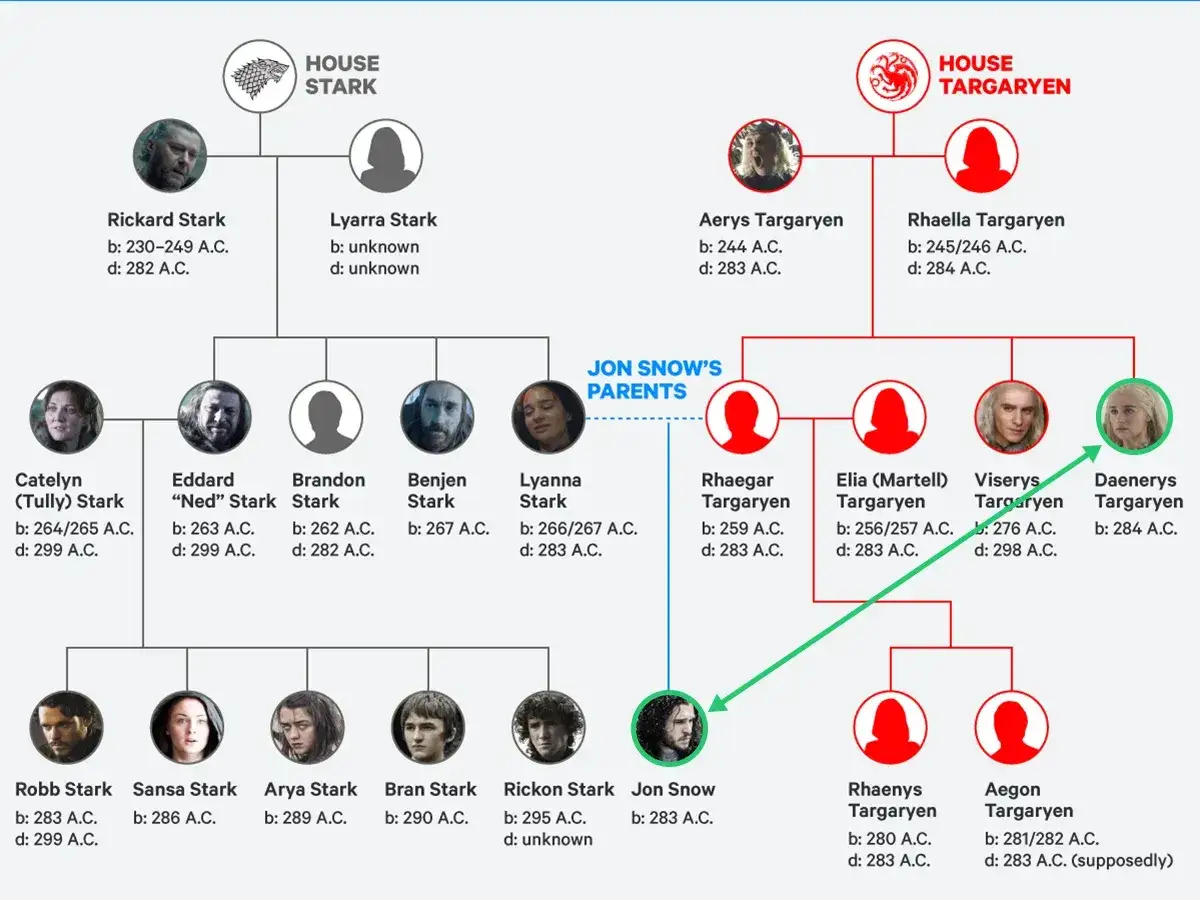 Drzewo genealogiczne rodu Targaryen i Starków, ukazujące powiązania rodzinne, w tym pochodzenie Jona Snowa.