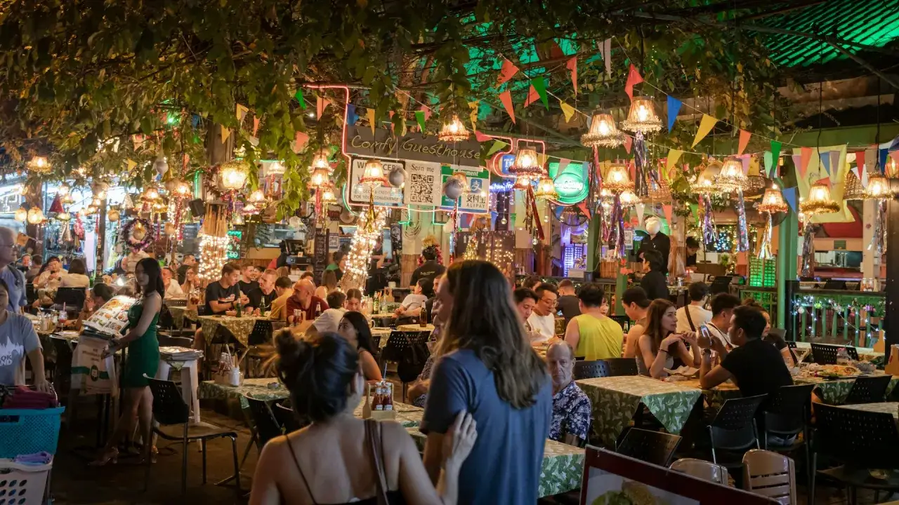 Tętniący życiem wieczór w Wietnamie. Ludzie siedzą przy stolikach w restauracji, otoczeni kolorowymi lampkami i girlandami.