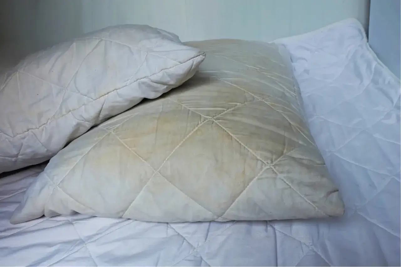 Two stained pillows on a quilted mattress protector. This image prompts the question: how often should you replace pillows?
