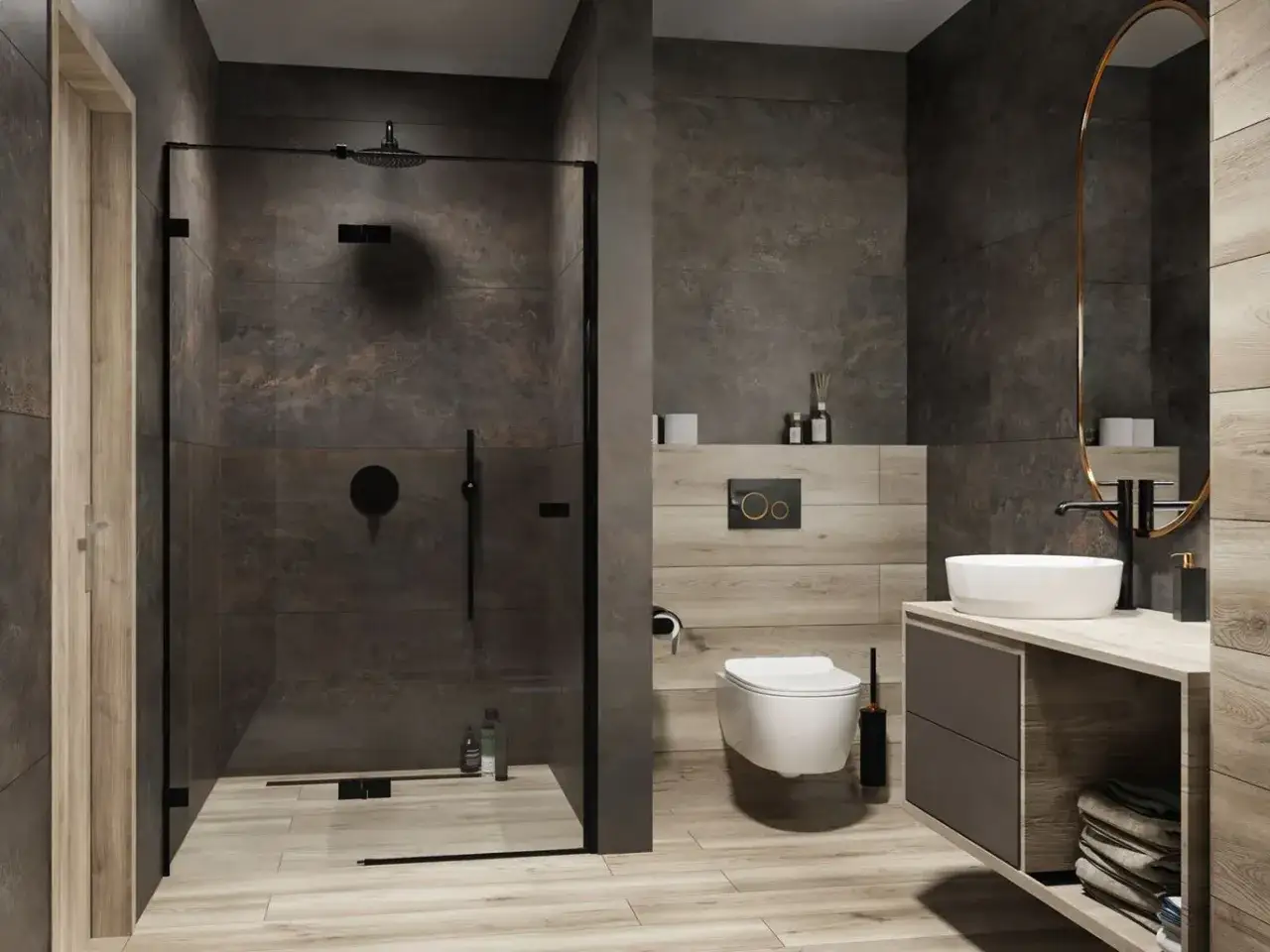 Nowoczesna łazienka z prysznicem walk-in, wiszącą toaletą i umywalką nablatową. Dominują ciemne płytki imitujące kamień i drewno. Elegancka, czarna armatura podkreśla minimalistyczny styl.