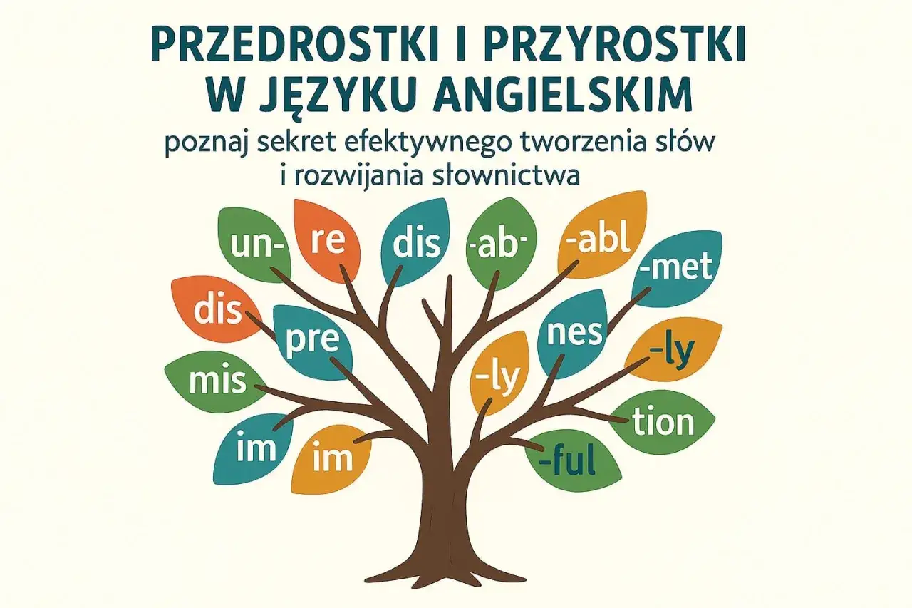 Drzewo słowotwórstwa angielskiego z przedrostkami (un-, re-, dis-, pre-, mis-, im-) i przyrostkami (-abl, -met, -ly, -nes, -tion, -ful) na liściach.