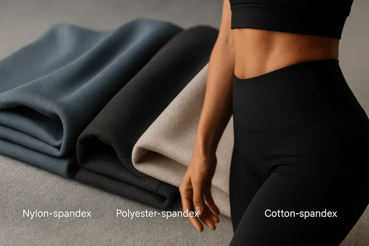 Spandex to elastyczny materiał, idealny do odzieży sportowej. Widoczne próbki: nylon-spandex, poliester-spandex, bawełna-spandex.