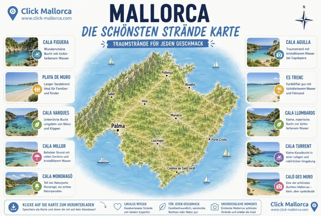Mallorca: Karte der sch&ouml;nsten Str&auml;nde. Finde heraus, wohin auf Mallorca es dich zieht &ndash; von Cala Figuera bis Cal&oacute; des Moro.