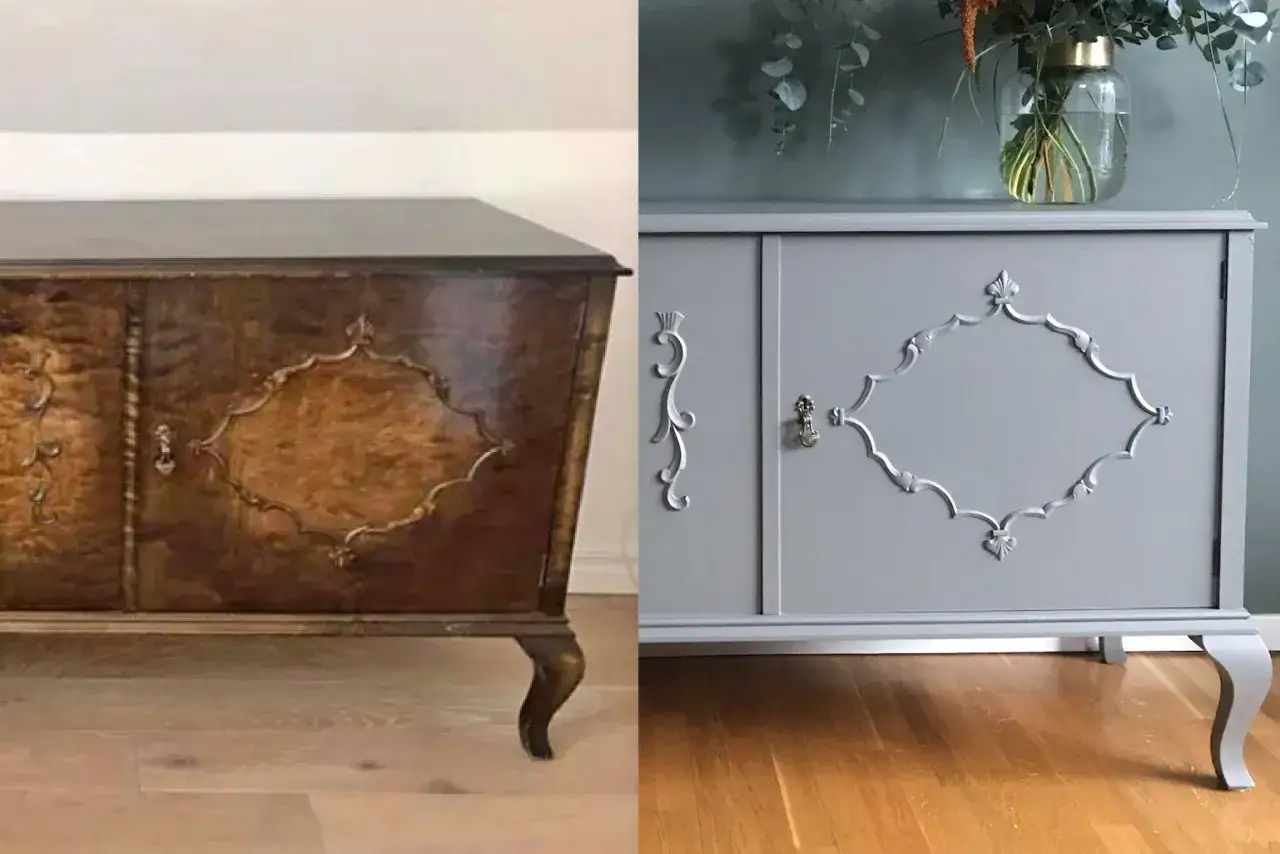 F&ouml;re- och efterbild p&aring; en m&ouml;bel. Den gamla faneren har f&aring;tt en ny, gr&aring; f&auml;rg och dekorativa detaljer.