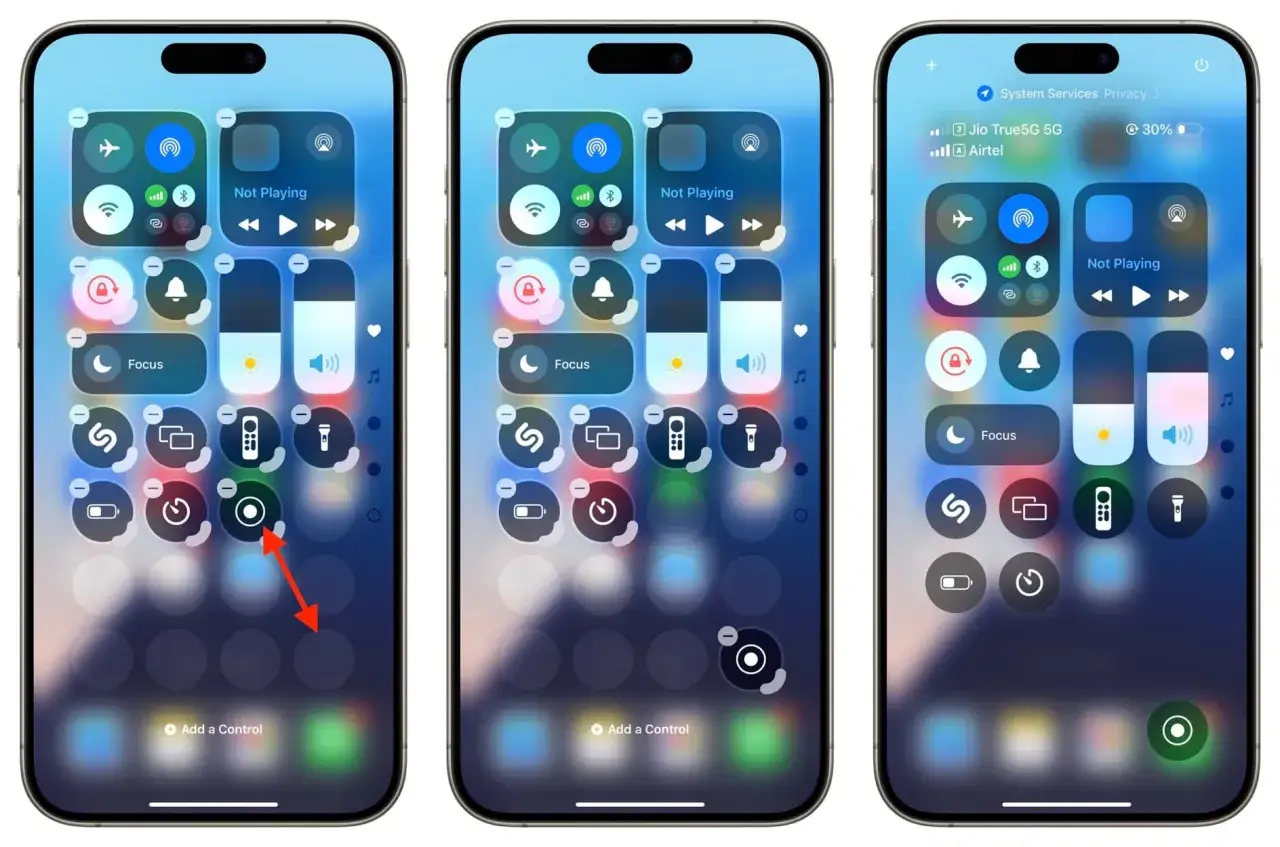 Trzy ekrany iPhone'a z centrum sterowania, pokazujące nowe funkcje w iOS 18, w tym możliwość dodawania i personalizacji element&oacute;w.