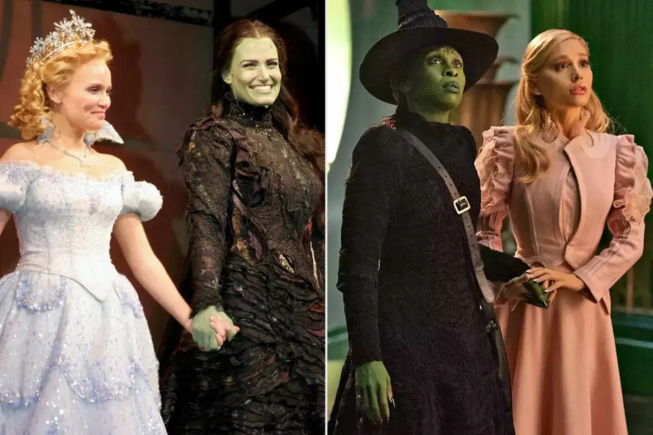 Tv&aring; scener fr&aring;n musikalen Wicked: Glinda i ljusbl&aring; kl&auml;nning och Elphaba i svart, samt en annan Elphaba med hatt och Glinda i rosa.