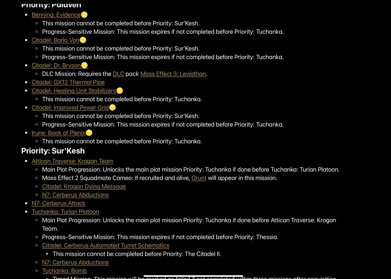 Lista misji w Mass Effect 3, w tym priorytety Palaven i Sur'Kesh, z informacjami o kolejności ich wykonywania.