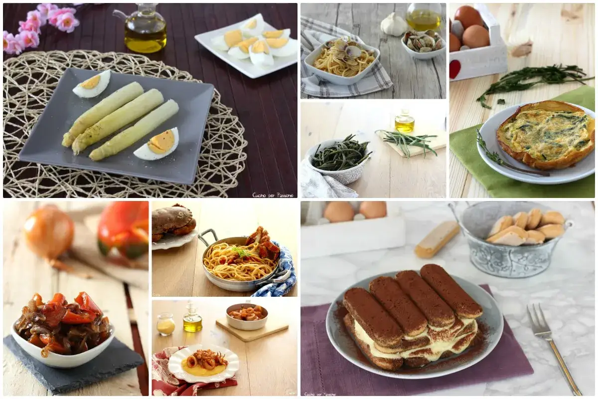 Collage di piatti che celebrano le cose tipiche venete: asparagi, spaghetti alle vongole, frittata, baccalà mantecato, tiramisù e altro ancora.
