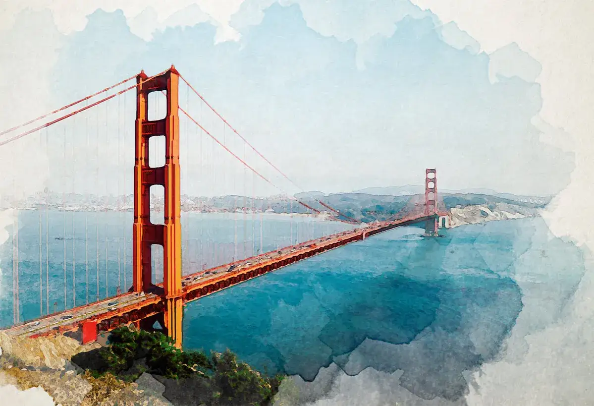 Golden Gate Bridge rendered with a beautiful photoshop watercolor effect, its iconic orange towers standing against a blue bay.