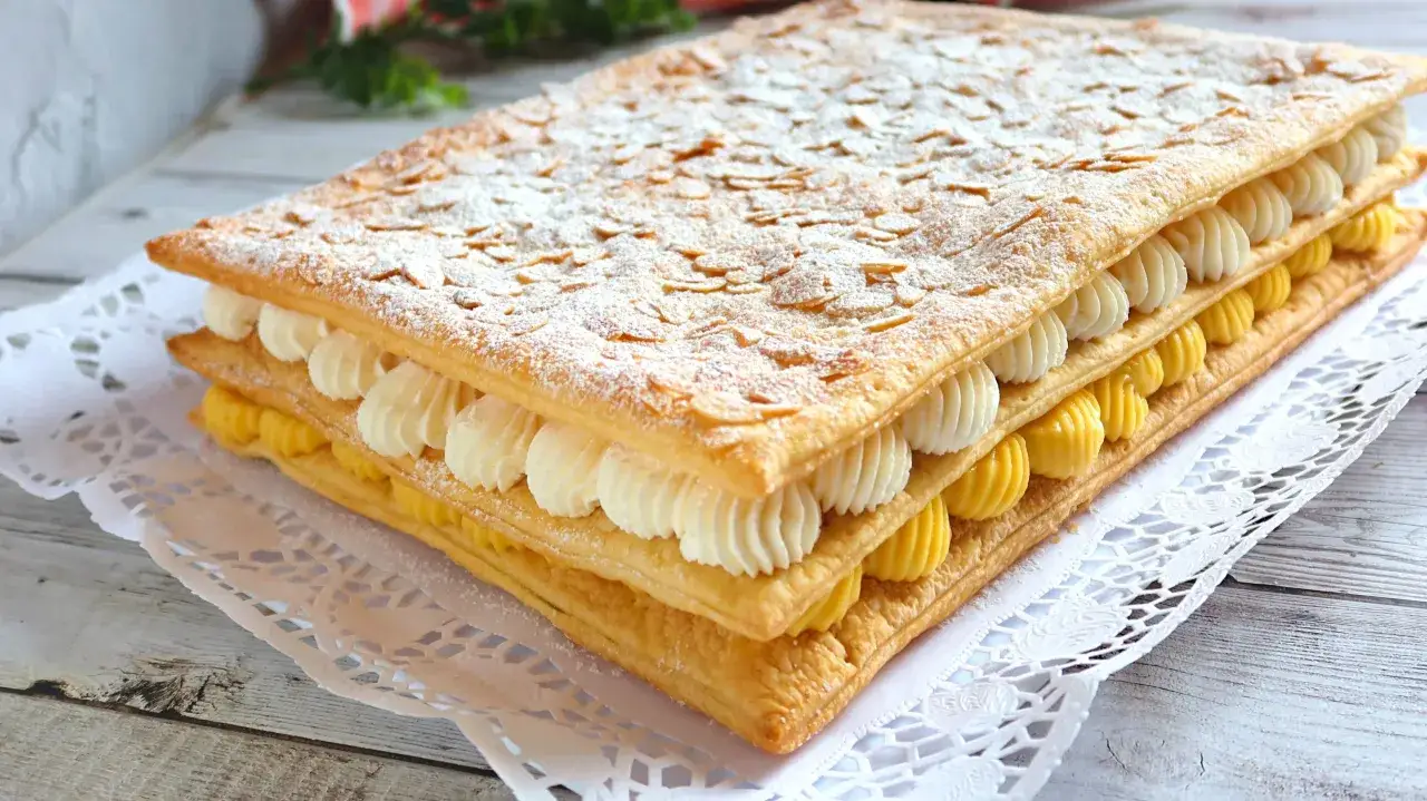 Delicioso pastel de milhojas de crema, con capas de hojaldre crujiente, crema pastelera amarilla y crema batida blanca, espolvoreado con azúcar glas y almendras laminadas.