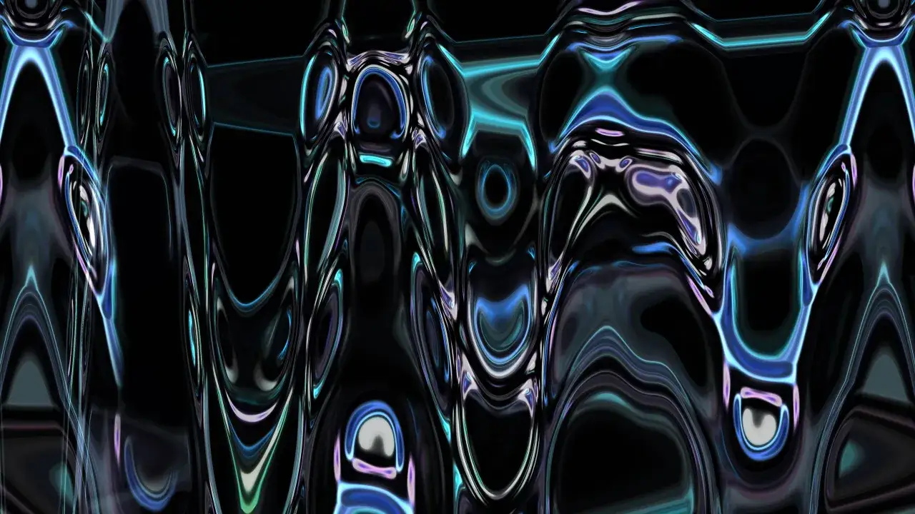 Onde liquide con un effetto metallo Photoshop, che riflettono luci blu e verdi su uno sfondo nero.