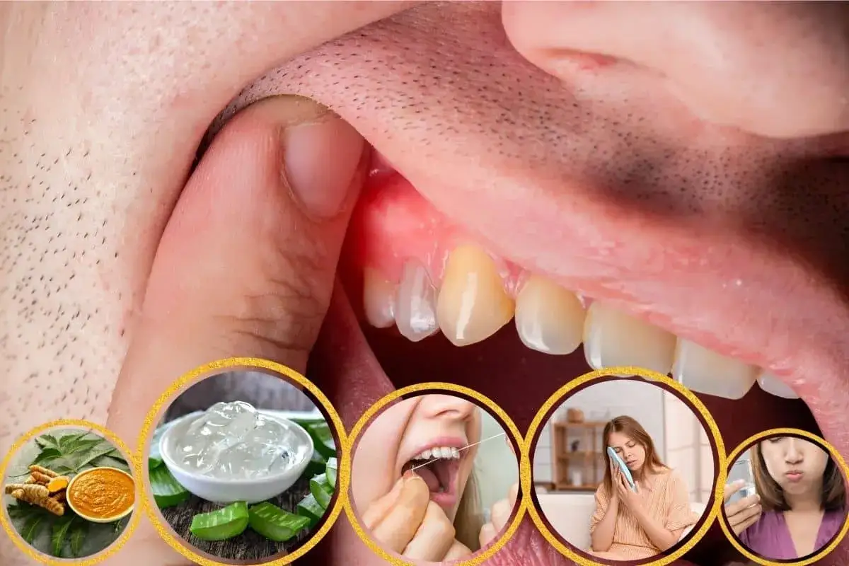 Zahnfleischschmerzen? Bild zeigt entzündetes Zahnfleisch, Aloe Vera, Kurkuma, Zahnseide, eine Frau mit Schmerz und Mundspülung.