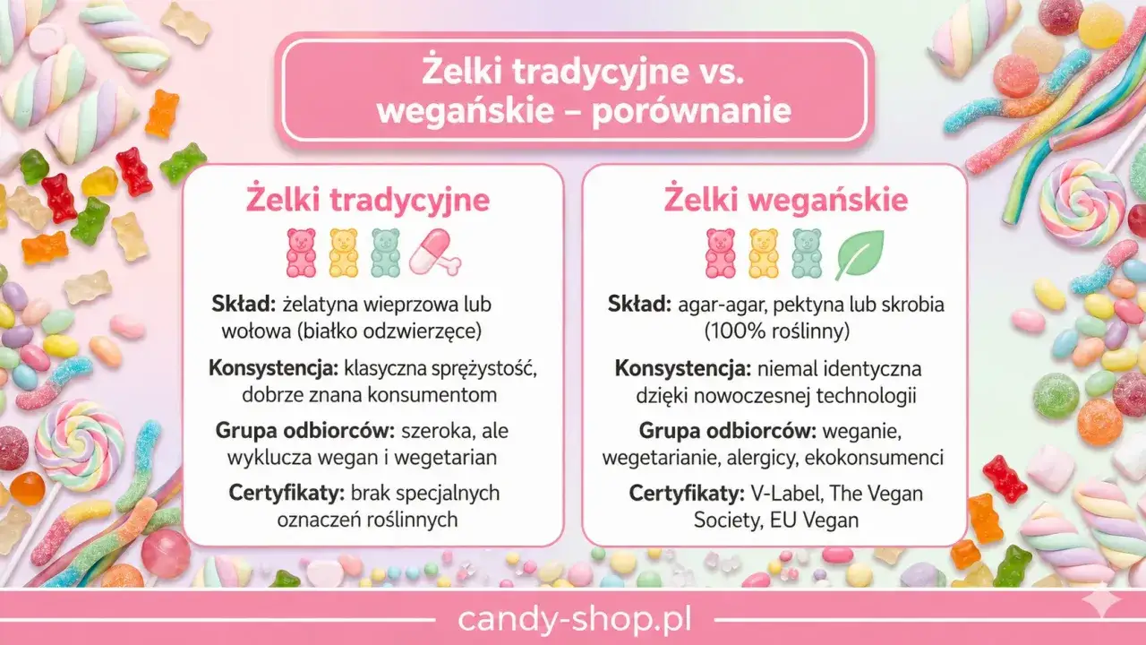 Por&oacute;wnanie żelk&oacute;w tradycyjnych i wegańskich. Czy przy cukrzycy można jeść słodycze? Wegańskie są z agaru, tradycyjne z żelatyny.
