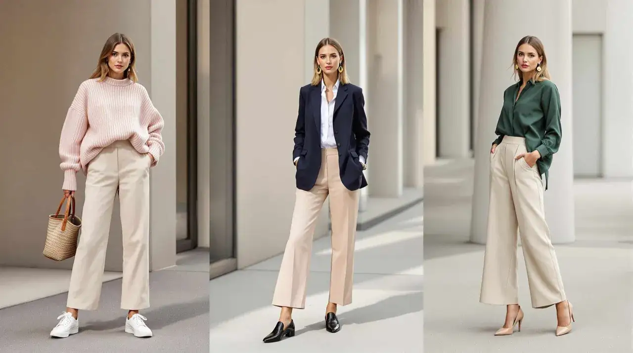 Trois femmes portent une tenue avec pantalon beige femme hiver : un pull rose, un blazer bleu marine et une blouse verte.