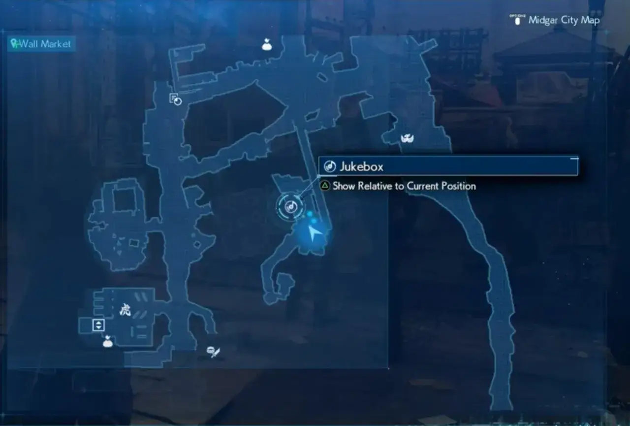 Mapa de Midgar, sector Wall Market. El **dj Betty** de FF7 te guía a la Jukebox.